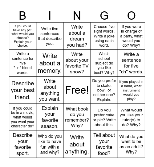 Reach Five Sentence Writing Bingo Card