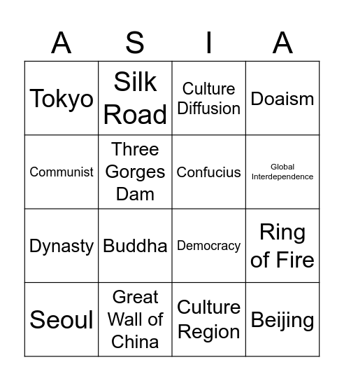 East Asia BINGO Card