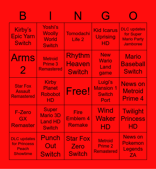 Nintendo Direct Bingo 3/27/2025 Bingo Card