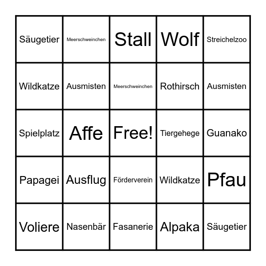 Tierpark-Bingo Card