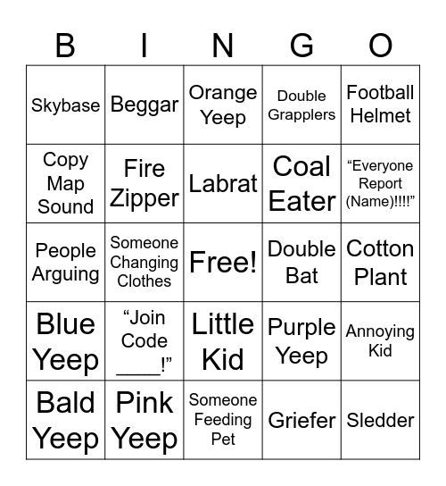 Yeep Bingo Card
