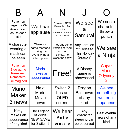 NINTENDOOOOOO Bingo Card