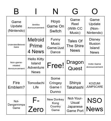 Nintendo Direct 3.27.2025 (College Interruption) Bingo Card