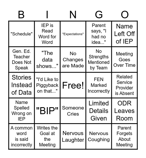IEP Bingo Card
