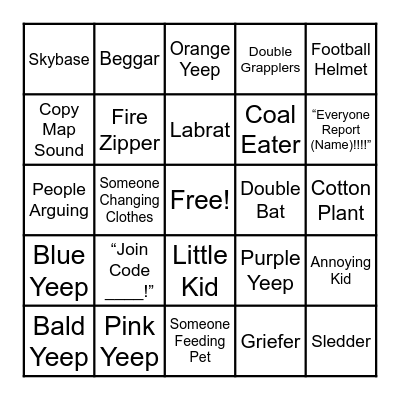 Yeep Bingo Card