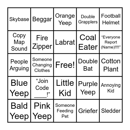 Yeep Bingo Card
