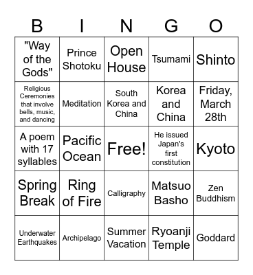 Japan Bingo Card