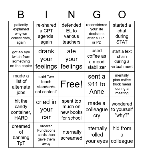 Literacy Coaches Bingo Card