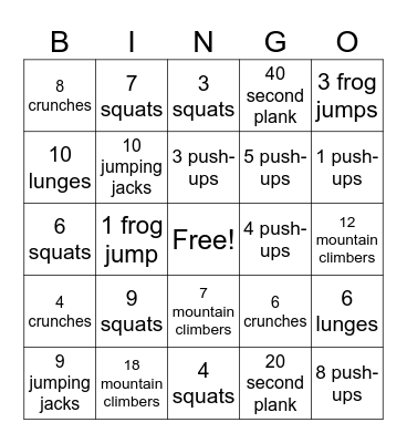 Fitness Bingo Card