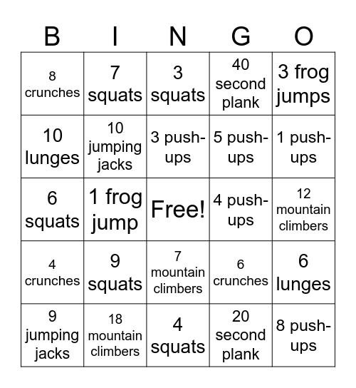 Fitness Bingo Card
