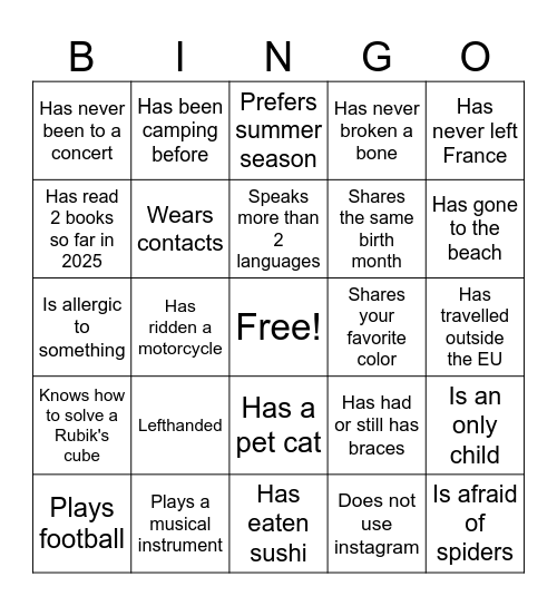 Get to Know Each other! Bingo Card