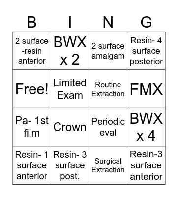 CDT Codes Bingo Card