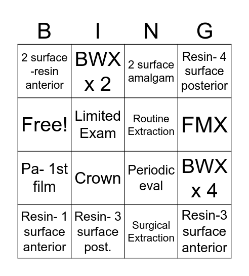 CDT Codes Bingo Card