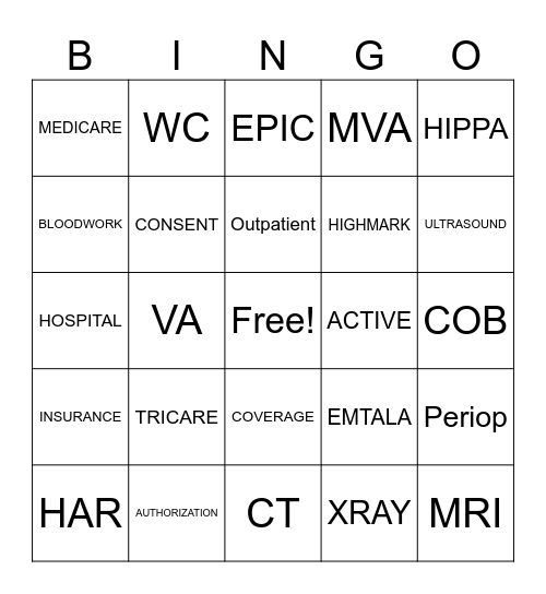 Patient Access Bingo Card