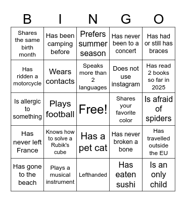 Get to Know Each other! Bingo Card