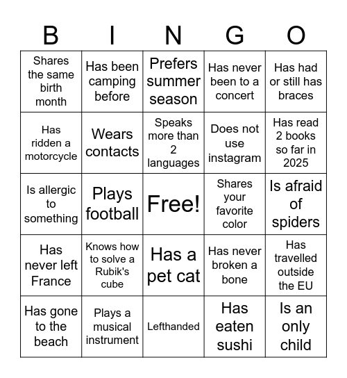 Get to Know Each other! Bingo Card
