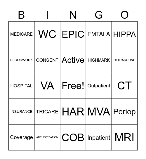 Patient Access Bingo Card