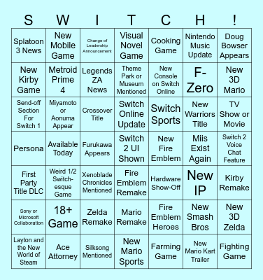 Switch 1 & 2 Directs Bingo Card