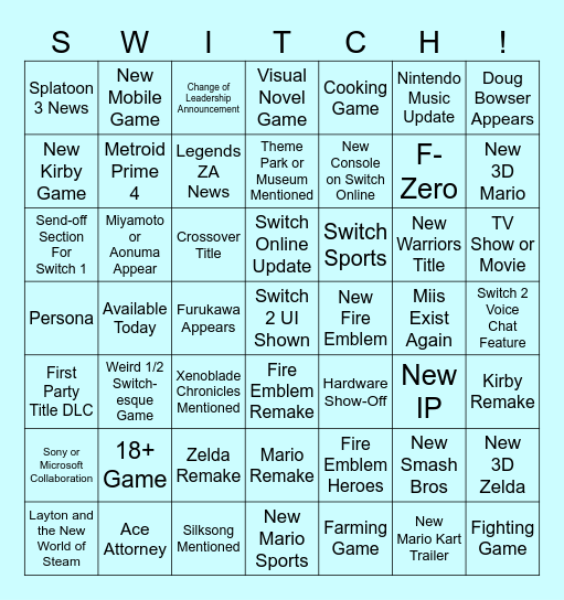 Switch 1 & 2 Directs Bingo Card