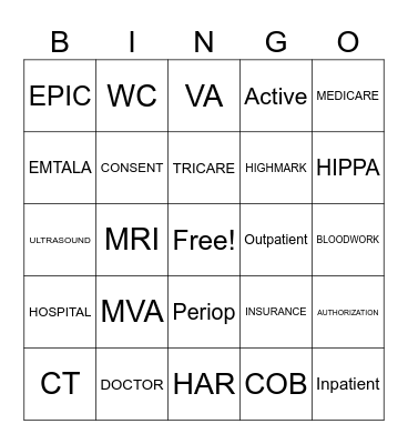 Patient Access Bingo Card
