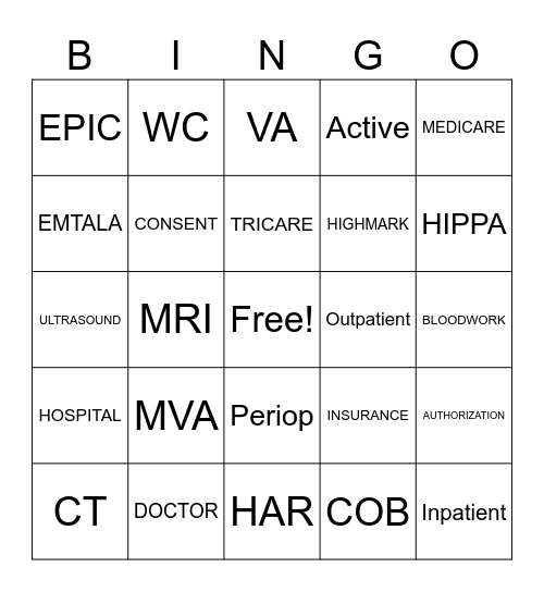 Patient Access Bingo Card