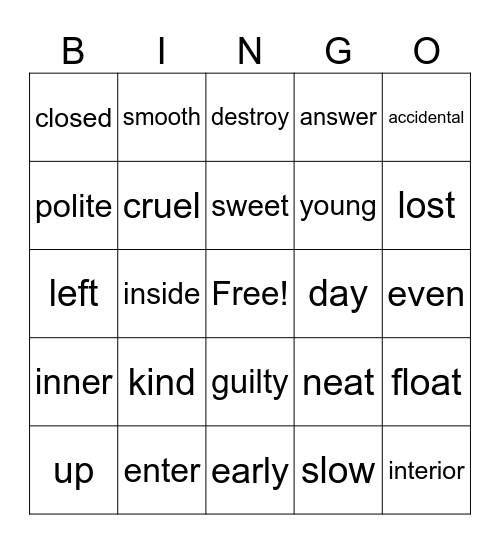 Antonym Bingo Card