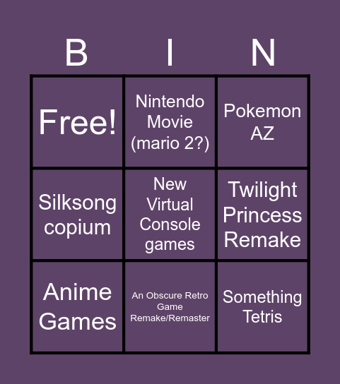 Nintendo Direct Bingo Card