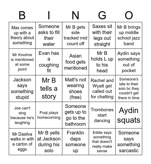 Thursday Jazz Band Bingo Card