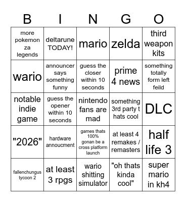 nintendo direct 3/27 Bingo Card