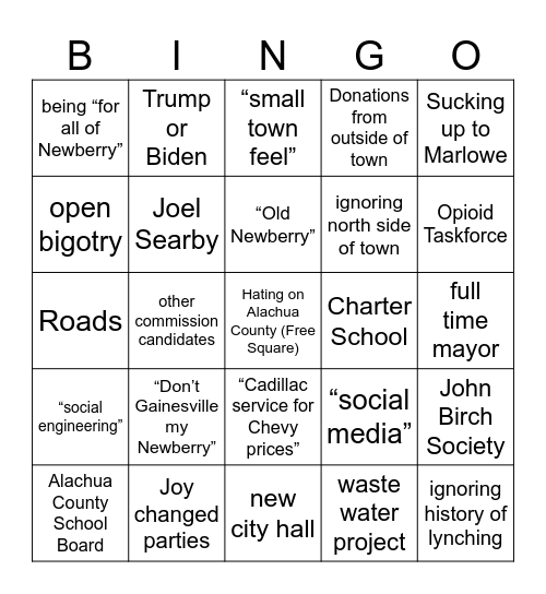 Newberry Mayoral Debate Bingo Card