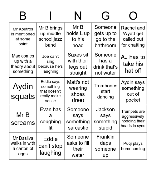 Thursday Band Bingo Card