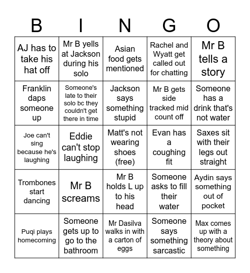 Thursday Band Bingo Card