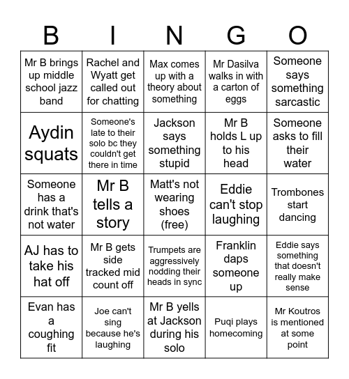 Thursday Band Bingo Card