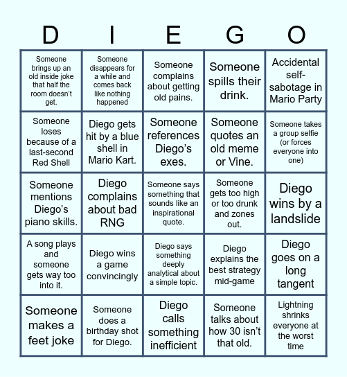Diego's 30th Birthday BINGO Card