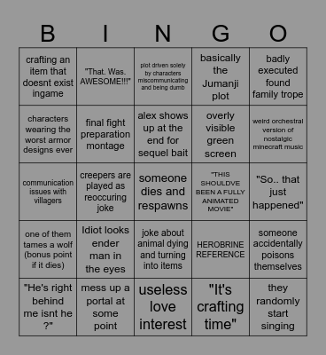 the Minecraft movie bingo Card