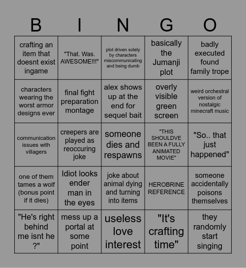 the Minecraft movie bingo Card