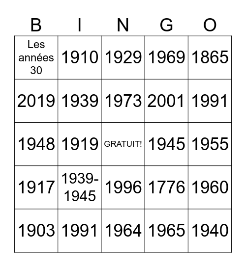 Les dates importantes Bingo Card