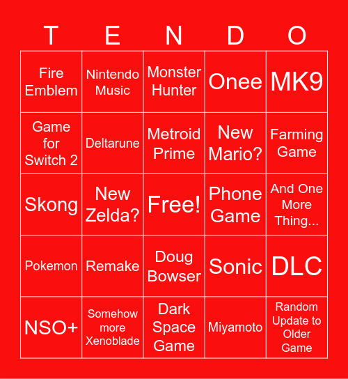 Nintendo Direct Spring 2025 Bingo Card