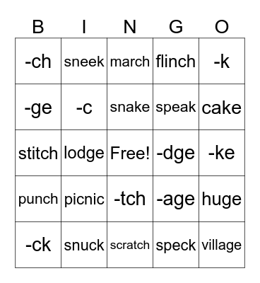 Words ending in: /k/, /j/, /ch/ Bingo Card