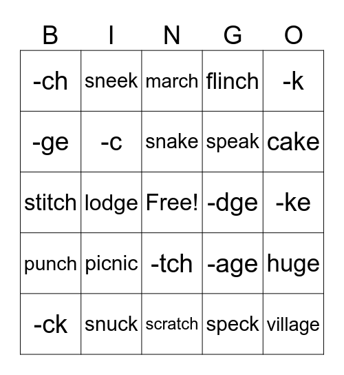 Words ending in: /k/, /j/, /ch/ Bingo Card