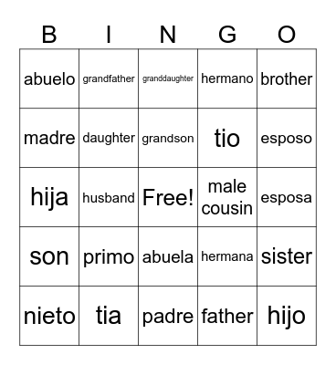 Spanish Family Words Bingo Card