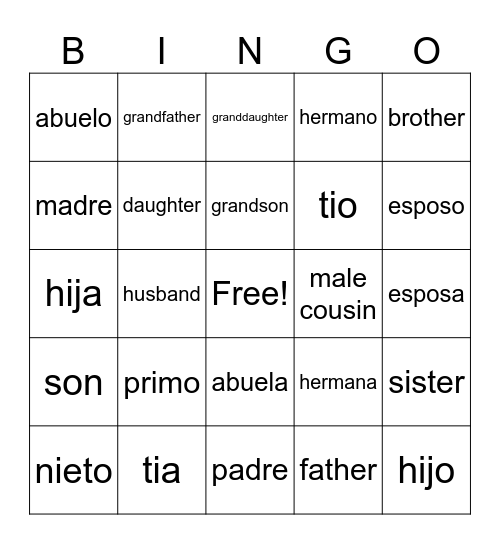 Spanish Family Words Bingo Card