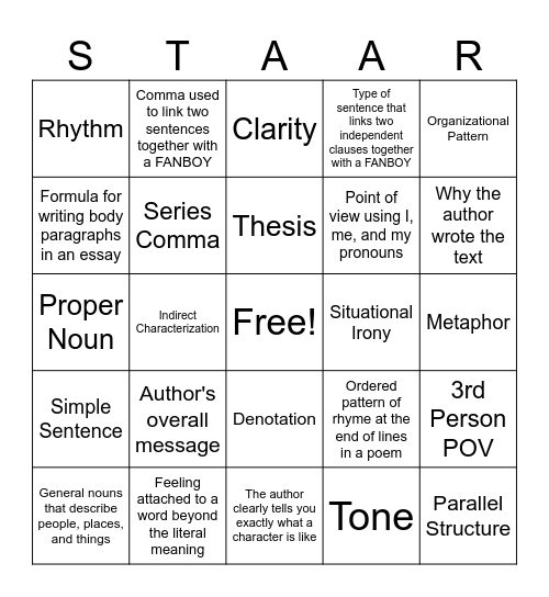 STAAR Bingo Card