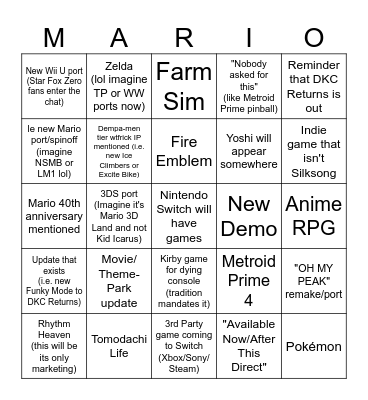 Nintendo Direct 3-27-2025 Bingo Card