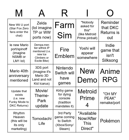 Nintendo Direct 3-27-2025 Bingo Card