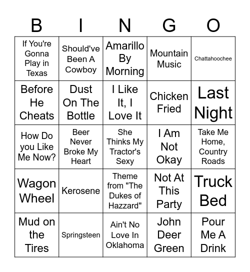 Country Hits Bingo Card