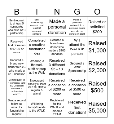 KYC WALK - Leadership Fundraising Bingo Card