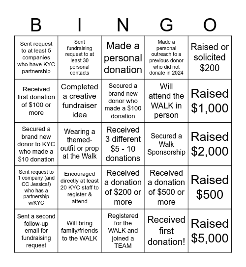 KYC WALK - Leadership Fundraising Bingo Card