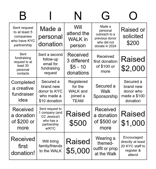 KYC WALK - Leadership Fundraising Bingo Card