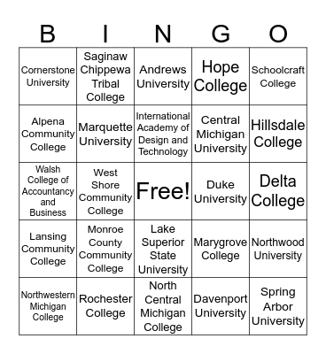 It's Your Choice: College Bingo Card